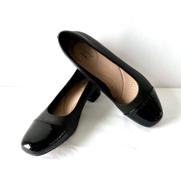 Clarks Collection 'Marilyn Sara' Black Leather Block Heels, Cap Toe, Size 9 EC! - Picture 1 of 13